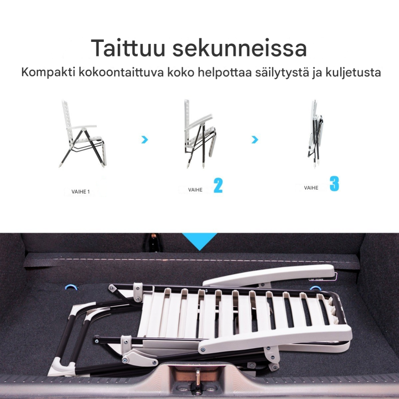 Kaksiosainen valkoinen terassituoli jalkatuella, säädettävä ja taitettava