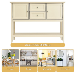 Valkoinen puinen lipasto kahdella laatikolla ja kaapilla