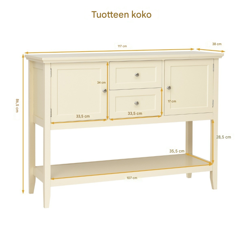 Valkoinen puinen lipasto kahdella laatikolla ja kaapilla