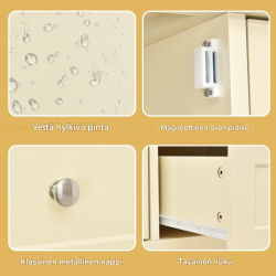 Valkoinen puinen lipasto kahdella laatikolla ja kaapilla