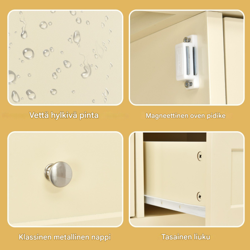 Valkoinen puinen lipasto kahdella laatikolla ja kaapilla