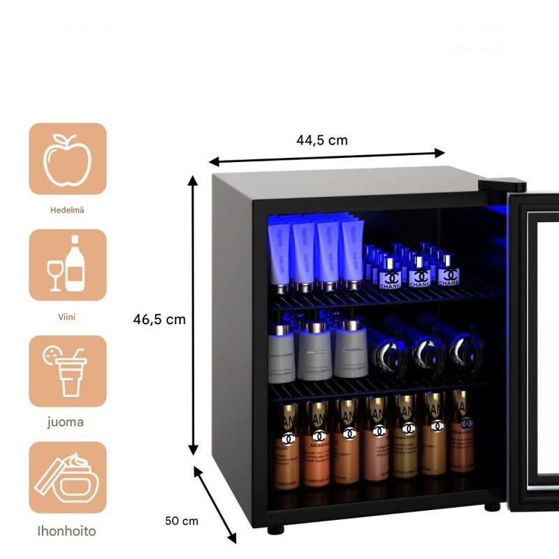 Musta kompakti juomajääkaappi lasiovella ja LED-valaistuksella