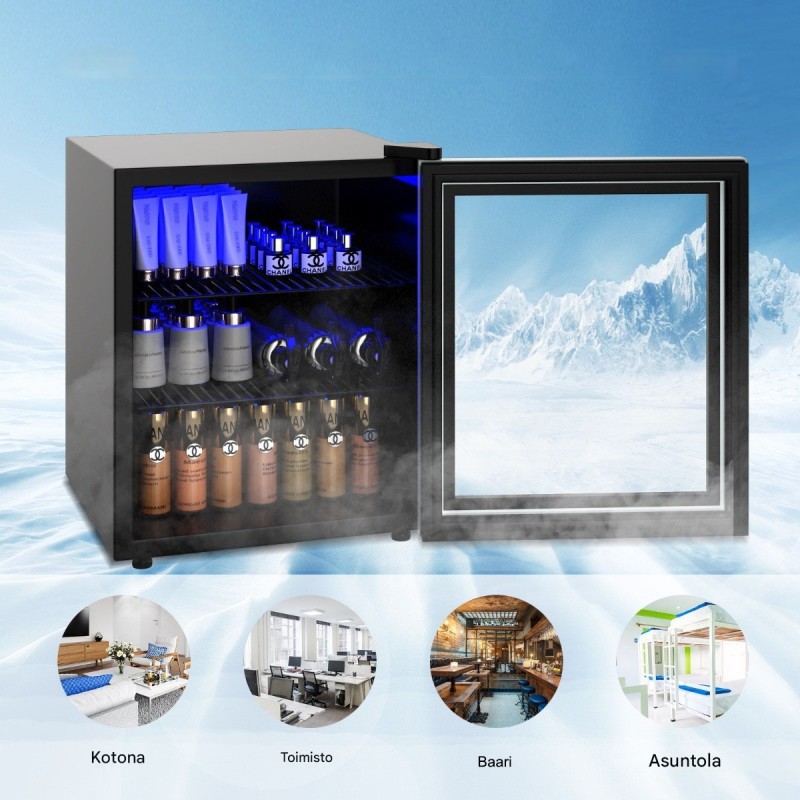 Musta kompakti juomajääkaappi lasiovella ja LED-valaistuksella