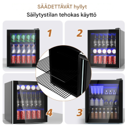 Musta kompakti juomajääkaappi lasiovella ja LED-valaistuksella