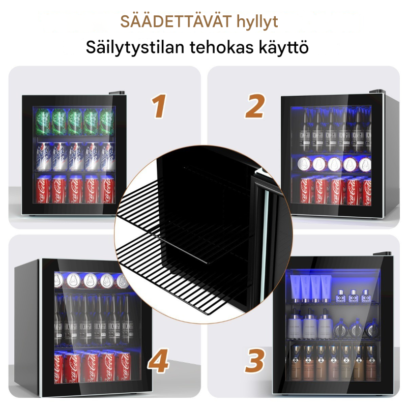 Musta kompakti juomajääkaappi lasiovella ja LED-valaistuksella