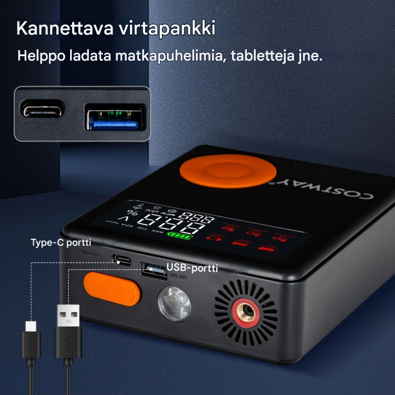 Monitoiminen auton apulaite 2000A musta ilmakompressorilla