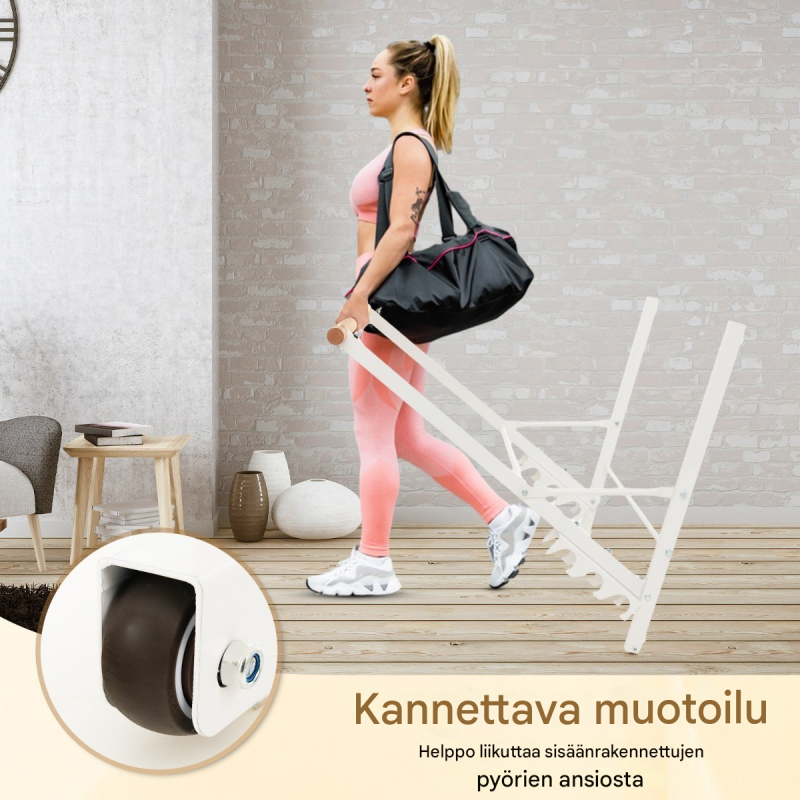 Valkoinen vapaasti seisova balettitanko painotelineellä ja pyörillä