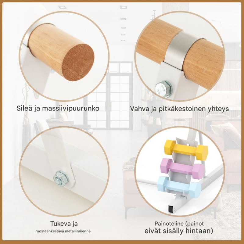 Valkoinen vapaasti seisova balettitanko painotelineellä ja pyörillä