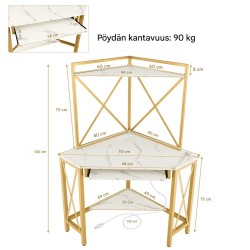 Kulmapöytä latausasemalla ja säilytystilalla, valkoinen-kulta