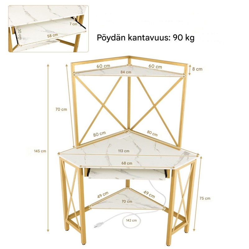 Kulmapöytä latausasemalla ja säilytystilalla, valkoinen-kulta