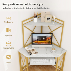 Kulmapöytä latausasemalla ja säilytystilalla, valkoinen-kulta