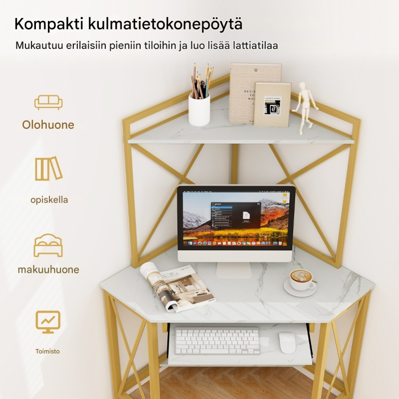 Kulmapöytä latausasemalla ja säilytystilalla, valkoinen-kulta