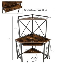 Kulmapöytä latausasemalla ja säilytystilalla, ruskea/musta