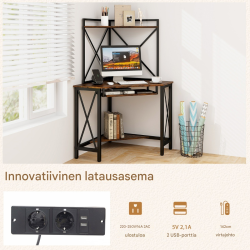 Kulmapöytä latausasemalla ja säilytystilalla, ruskea/musta