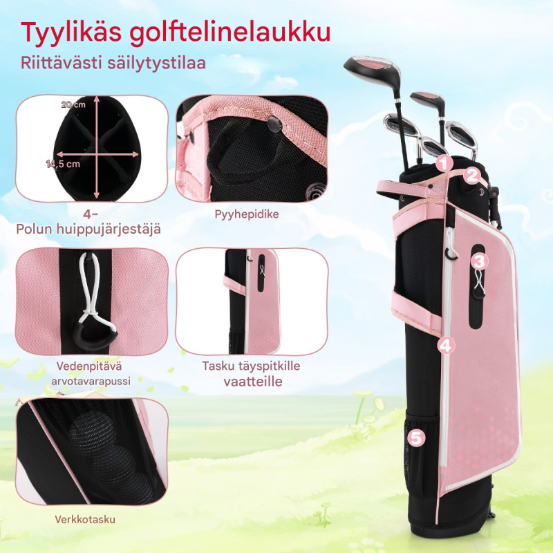 6-osainen lasten golfsarja 11-13-vuotiaille, vaaleanpunainen