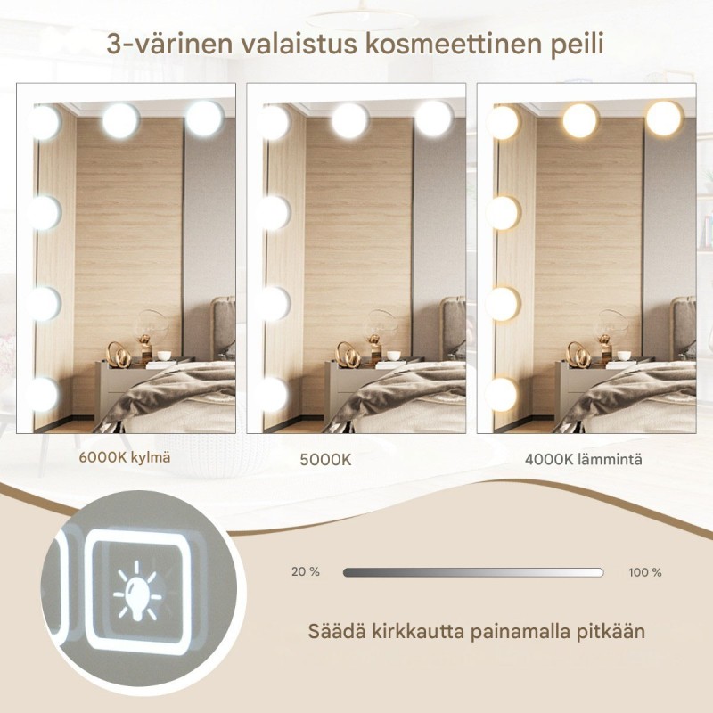 Hollywood-peili valaistuksella, USB-lataus ja Bluetooth-kaiuttimet