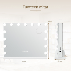 Hollywood-peili valaistuksella, USB-lataus ja Bluetooth-kaiuttimet