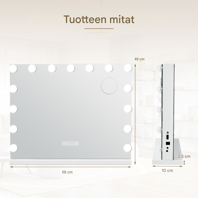 Hollywood-peili valaistuksella, USB-lataus ja Bluetooth-kaiuttimet