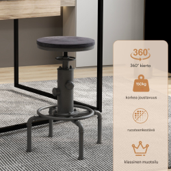 Korkeussäädettävä harmaa baarijakkara puusta ja metallista