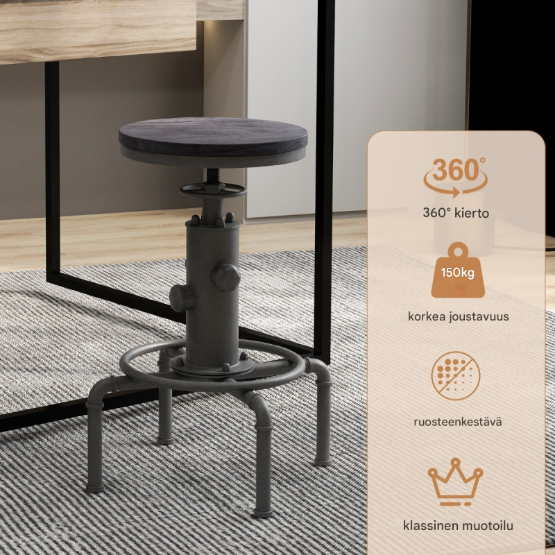 Korkeussäädettävä harmaa baarijakkara puusta ja metallista