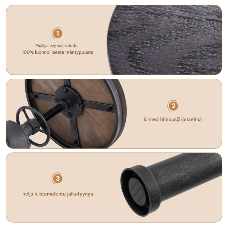 Korkeussäädettävä harmaa baarijakkara puusta ja metallista