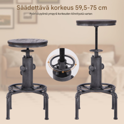 Korkeussäädettävä harmaa baarijakkara puusta ja metallista