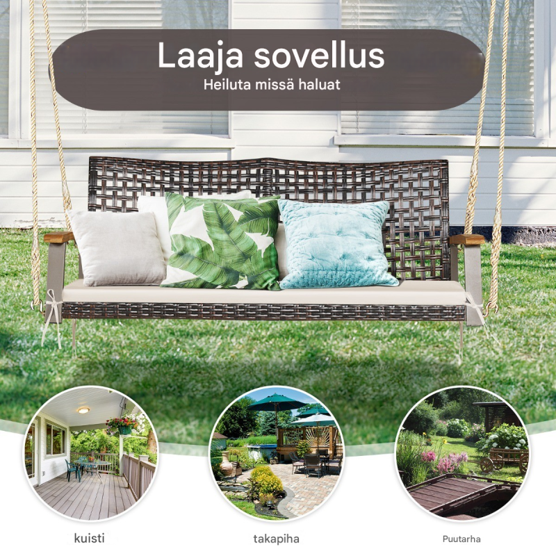 Valkoinen 2-paikkainen rottinkinen puutarhakeinu tyynyillä ulkokäyttöön Valkoinen 2-paikkainen rottinkinen puutarhakeinu tyynyillä ulkokäyttöön