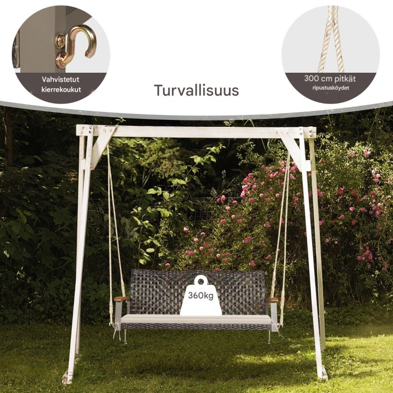 Valkoinen 2-paikkainen rottinkinen puutarhakeinu tyynyillä ulkokäyttöön Valkoinen 2-paikkainen rottinkinen puutarhakeinu tyynyillä ulkokäyttöön