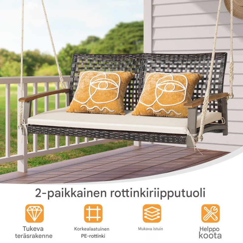 Valkoinen 2-paikkainen rottinkinen puutarhakeinu tyynyillä ulkokäyttöön Valkoinen 2-paikkainen rottinkinen puutarhakeinu tyynyillä ulkokäyttöön