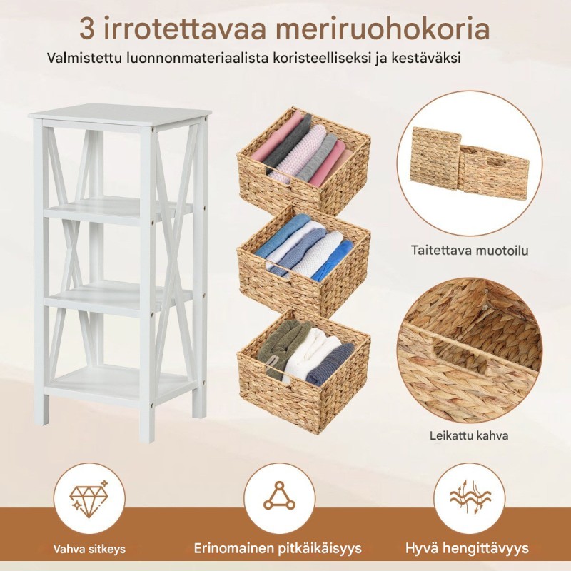 2 kpl kapea valkoinen yöpöytä meriheinäkoreilla ja x-muotoilulla