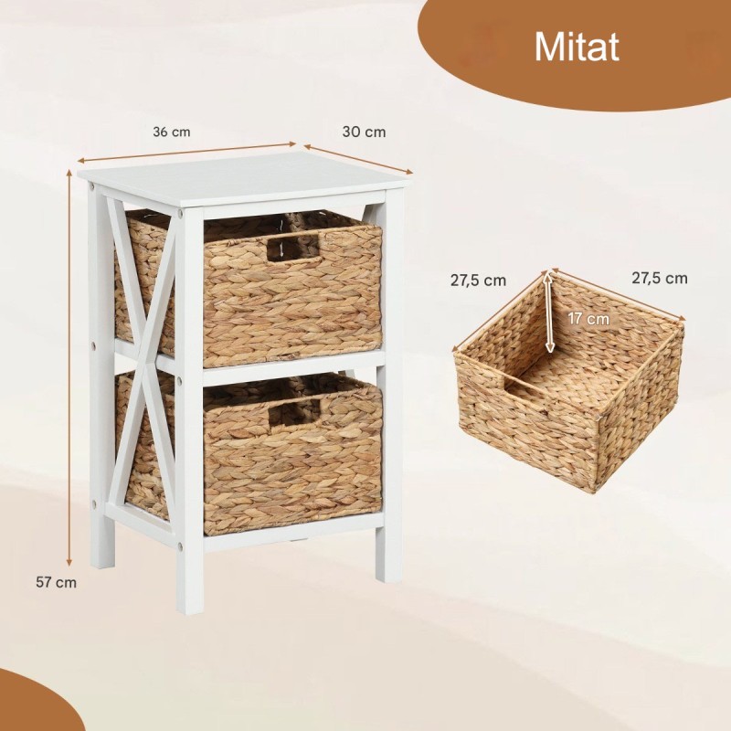 2 kpl valkoinen yöpöytä meriheinäkoreilla ja X-muotoilulla