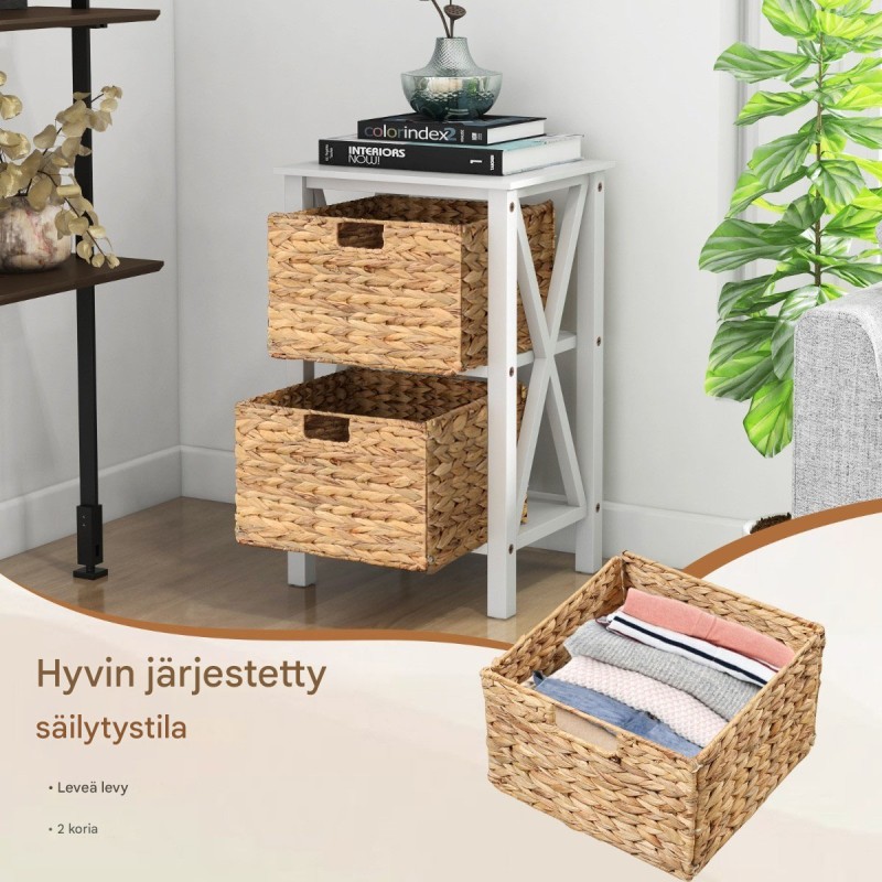 2 kpl valkoinen yöpöytä meriheinäkoreilla ja X-muotoilulla