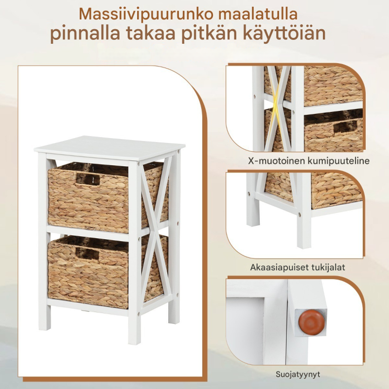2 kpl valkoinen yöpöytä meriheinäkoreilla ja X-muotoilulla