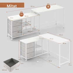 L-muotoinen valkoinen tietokonepöytä latausasemalla ja säilytystilalla