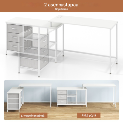 L-muotoinen valkoinen tietokonepöytä latausasemalla ja säilytystilalla