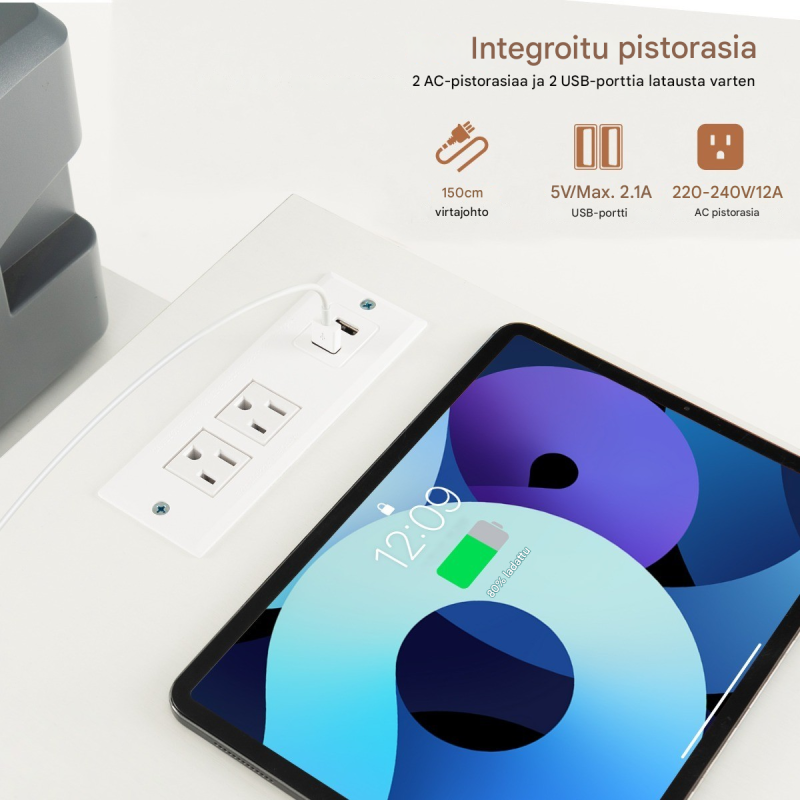 L-muotoinen valkoinen tietokonepöytä latausasemalla ja säilytystilalla