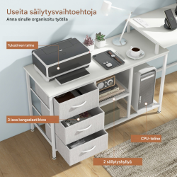 L-muotoinen valkoinen tietokonepöytä latausasemalla ja säilytystilalla