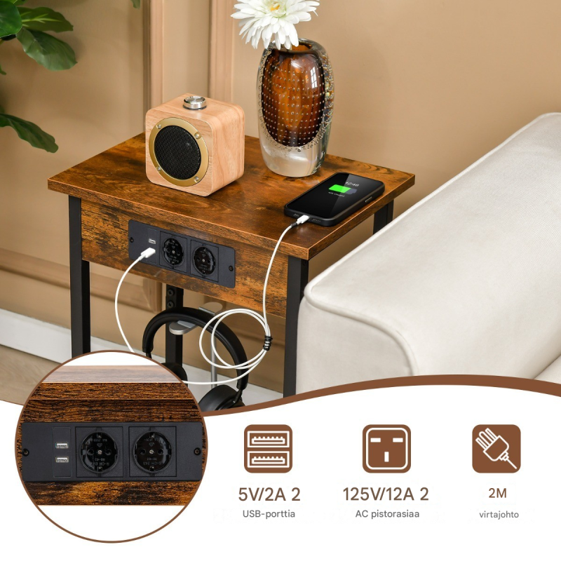 2 kpl ruskea yöpöytä latausasemalla ja säilytystilalla