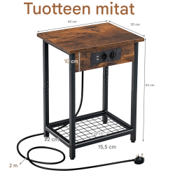 2 kpl ruskea yöpöytä latausasemalla ja säilytystilalla