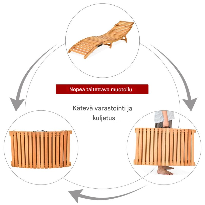 Ergonominen puinen aurinkotuoli pehmusteella ja taitettavalla pääntuella