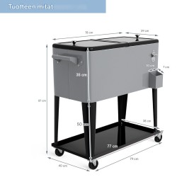 Hopeanvärinen kylmävaunu 76L pyörillä ja pullonavaajalla