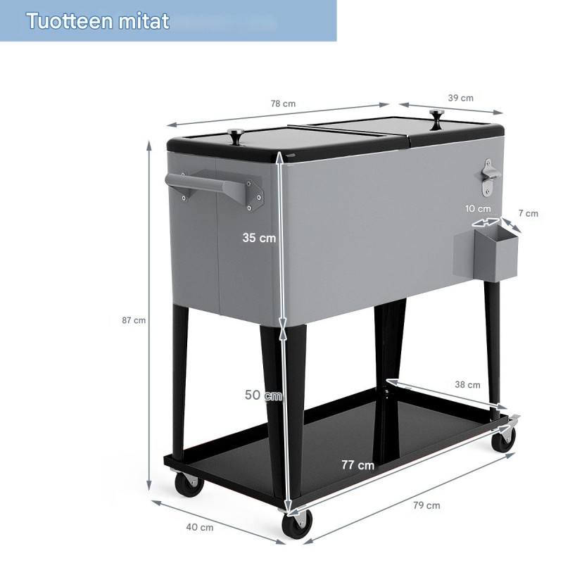 Hopeanvärinen kylmävaunu 76L pyörillä ja pullonavaajalla
