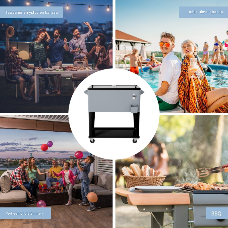 Hopeanvärinen kylmävaunu 76L pyörillä ja pullonavaajalla