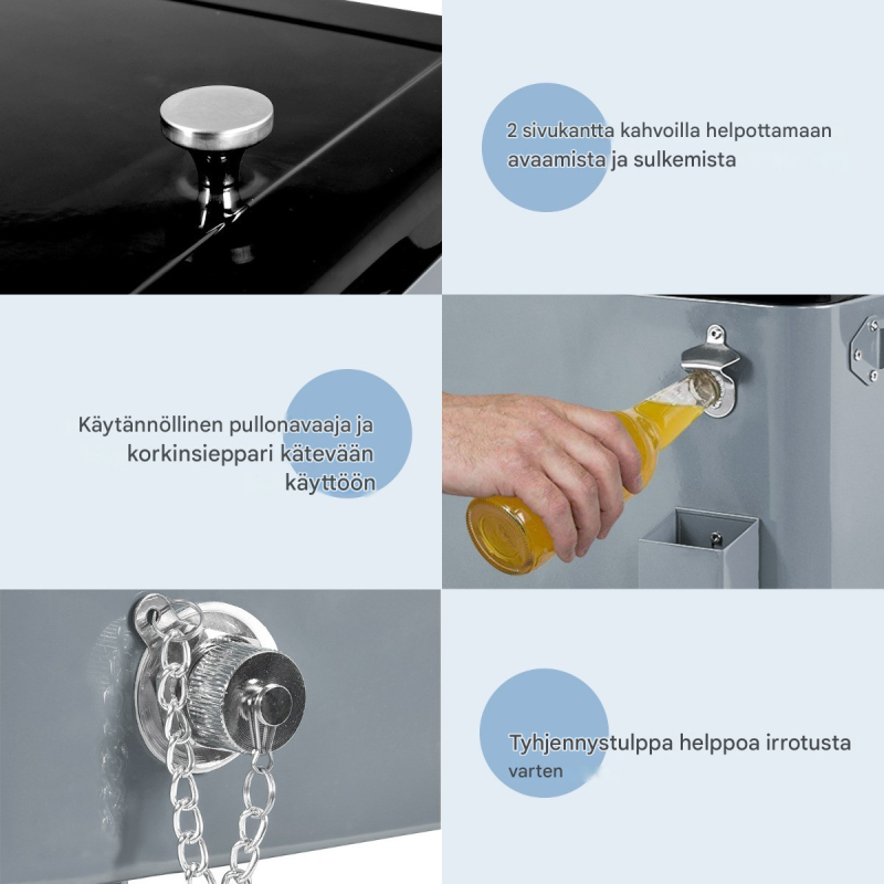 Hopeanvärinen kylmävaunu 76L pyörillä ja pullonavaajalla