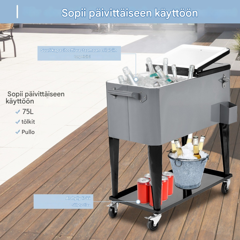 Hopeanvärinen kylmävaunu 76L pyörillä ja pullonavaajalla