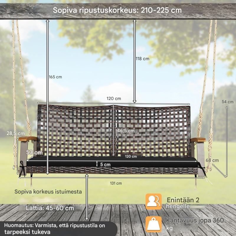Kahden hengen musta rottinkinen puutarhakeinu tyynyillä Kahden hengen musta rottinkinen puutarhakeinu tyynyillä