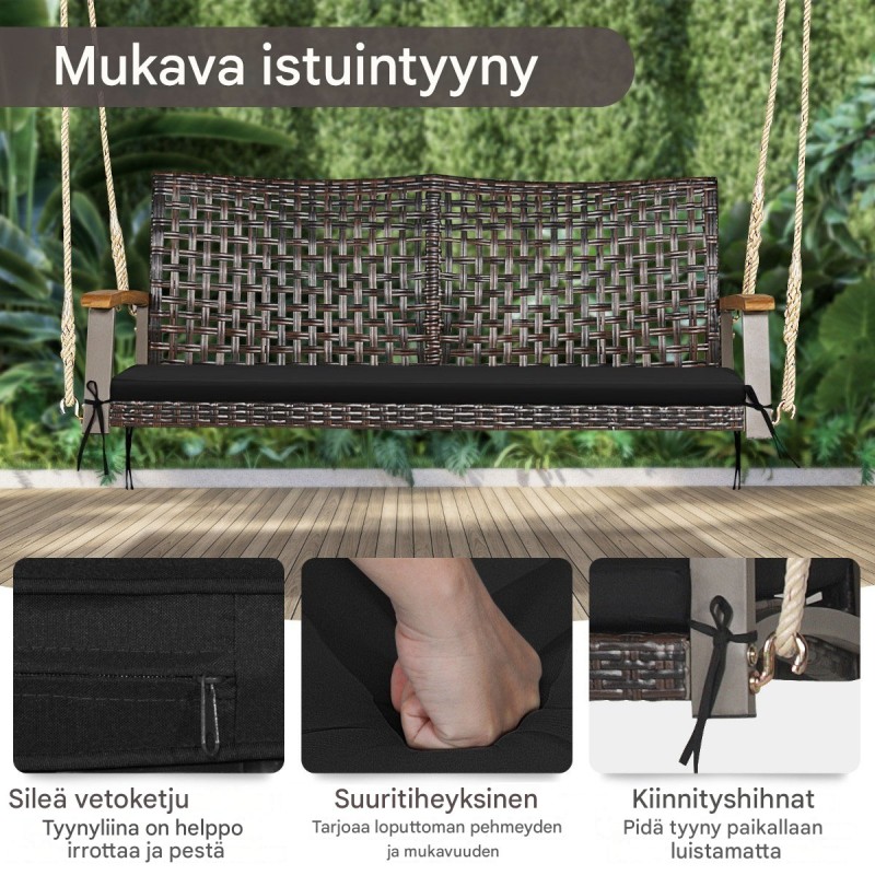 Kahden hengen musta rottinkinen puutarhakeinu tyynyillä Kahden hengen musta rottinkinen puutarhakeinu tyynyillä