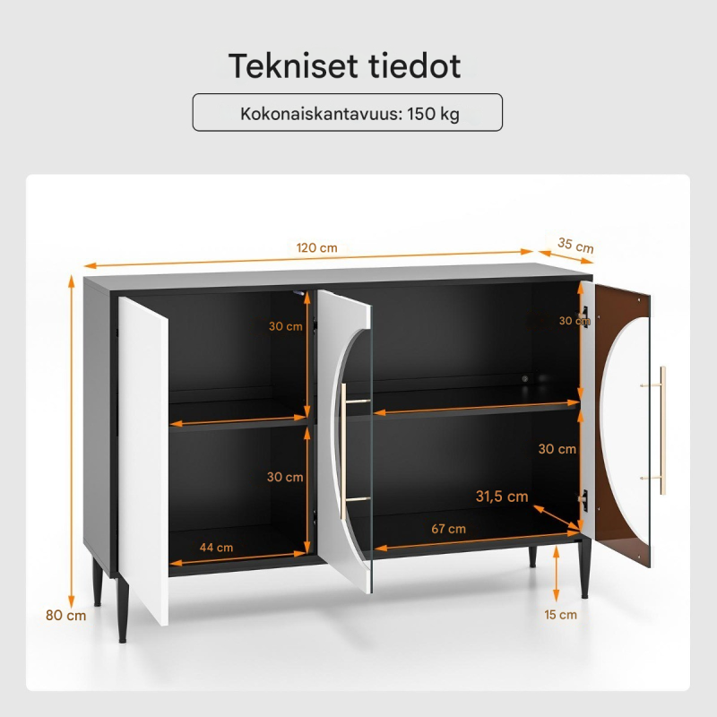Valkoinen ja musta lasiovellinen metallijalkainen monikäyttöinen sivupöytä