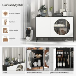 Valkoinen ja musta lasiovellinen metallijalkainen monikäyttöinen sivupöytä