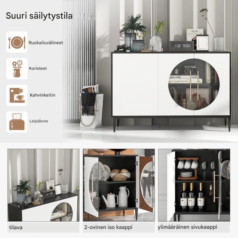 Valkoinen ja musta lasiovellinen metallijalkainen monikäyttöinen sivupöytä